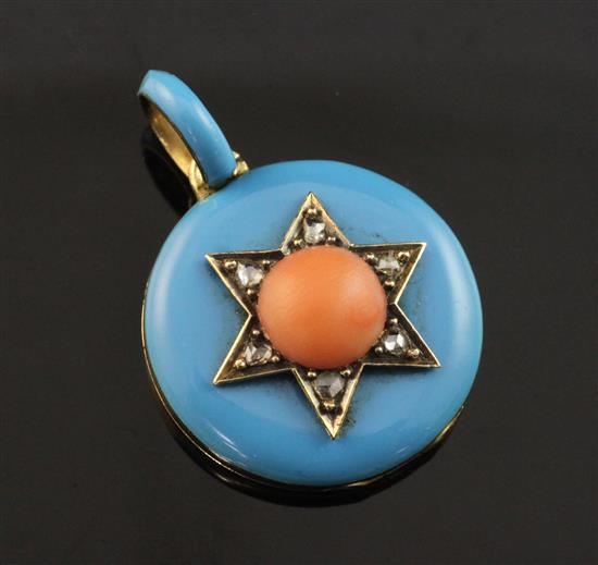 A late Victorian, gold, split coral bead, rose cut diamond and blue enamel pendant locket, overall 1.25in.